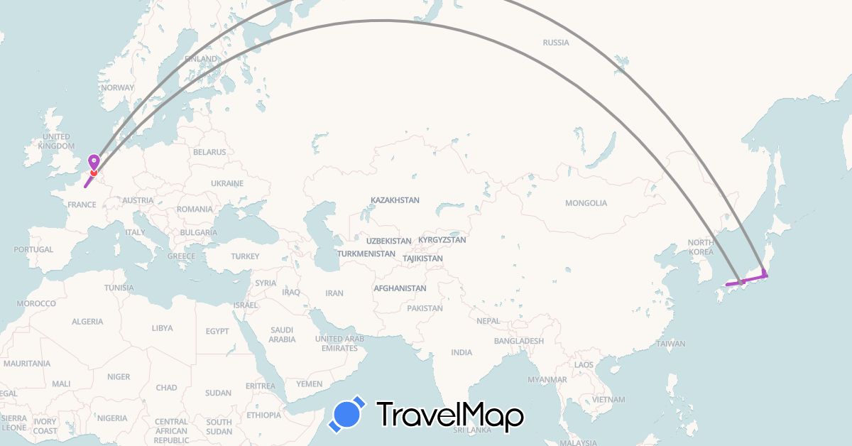 TravelMap itinerary: driving, bus, plane, train, hiking, boat in Belgium, France, Japan, Netherlands (Asia, Europe)