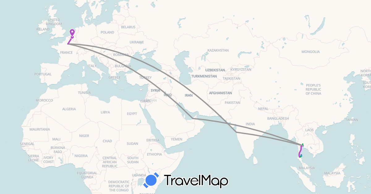 TravelMap itinerary: driving, bus, plane, train, hiking, boat, métro, tuk-tuk in United Arab Emirates, Belgium, France, India, Thailand (Asia, Europe)