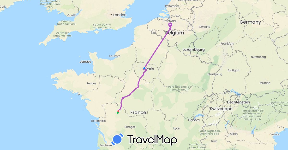TravelMap itinerary: driving, bus, train, hiking, métro in Belgium, France (Europe)