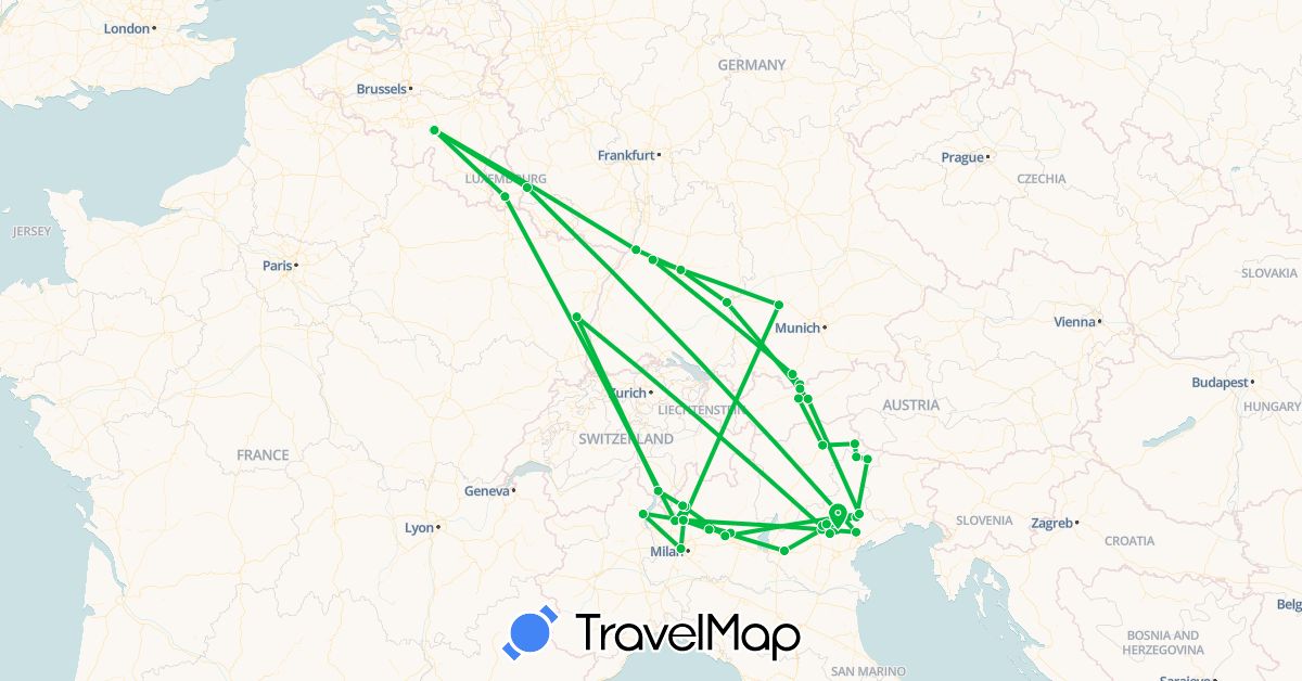 TravelMap itinerary: bus in Austria, Belgium, Switzerland, Germany, France, Italy, Luxembourg (Europe)